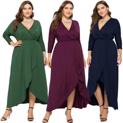 China Sexy Bohemian Style Women V-Neck Waist Dress Solid Color Long Sleeve Vacation Dress Style Breathable Asymmetrical Plus Casual Beach Sexy Dress for sale