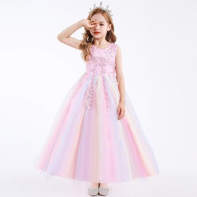 China Sleeveless Custom Kids Clothing Lace Up Edge Embroidery Layered Tulle Girl Bridesmaid Wedding Party Summer Bridesmaid Prom Maxi Dresses for sale