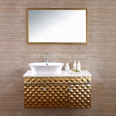 China Single Sink Modern Design Gold Stainless Steel Bathroom Vanity Set Wall Mounted Bathroom Vanity Cabinets for sale