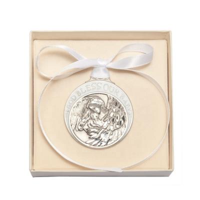 China Custom Pewter Religious Guardian Angel Crib Medal From Europe With Ribbon Box for sale