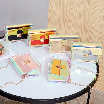 China Fashion girl chain shoulder bags appearance patchwork laser PVC transparent cross - body bag child jelly bag for sale