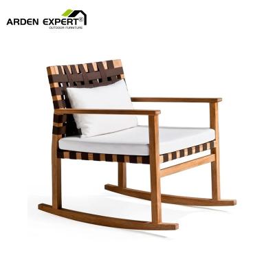 China Modern Garden Rocking Chairs All Weather Modern Rocking Armchairs Teak Solid Wood Armchairs Rope Woven Patio Leisure Furniture for sale