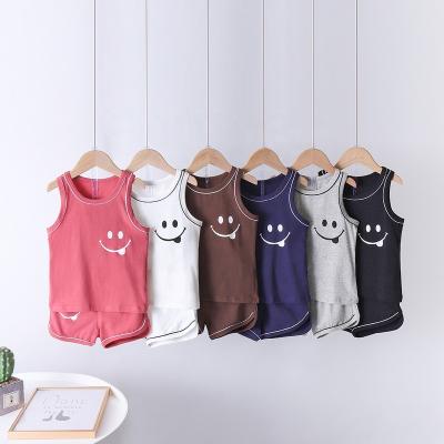 China Summer Breathable Kids Invest Home Wear Kids Sleepwear Baby Boy Tank Set Breathable 100%Cotton Kids Invest Suit Solid Smiley Face Pattern for sale