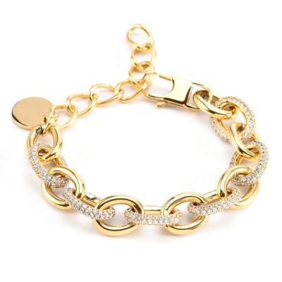 China TRENDY 18K Gold Plated Full Zircon High Polished Oval Chain Link Stainless Steel Women Charming Bracelet for sale