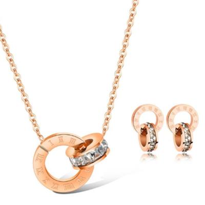 China FASHIONABLE Engravable Wholesale Rhinestone Round Double Rose Gold Ring Necklace Jewelry Set for sale