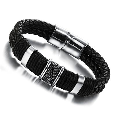 China Fashion Charm Cuff Jewelry TRENDY 316L Stainless Steel Leather Bangle Men for sale