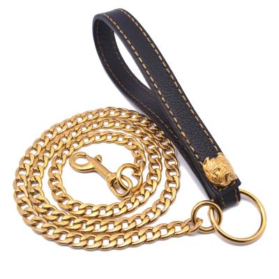 China Custom Welded DETACHED Stainless Steel Gold Dog Chains Snap Hook Dog Rope Leather Leash for sale