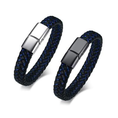 China Custom Fashion Stainless Steel Magnetic Clasp Handmade Genuine Men's Leather Bracelet for sale