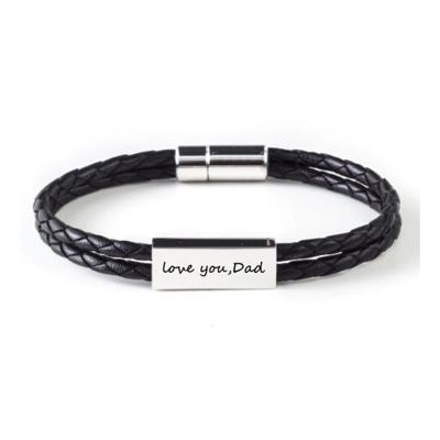 China Fashionable hand made black color double layer braided leather bracelet with magnetic clasp laser engraved brand logo tube bracelets for men for sale