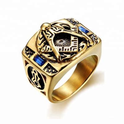 China Men's Masonic Freemasonry Signet Ring Masonic Retro Black Gold Masonic Jewelry with Sapphire Stones for sale