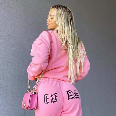 China Newest Solid Color Breathable Casual Crewneck Print Pullover Sweatshirt Loose Trouser Pants Women's Winter 2 Piece Set for sale