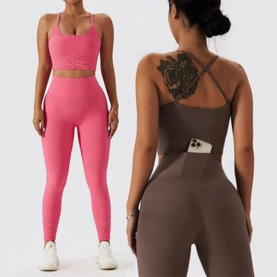 China Breathable Wholesale Nylon High Waist 2 Piece Gym Fitness Set Women Seamless Fitness & Yoga Wear Custom Yoga Sets for sale