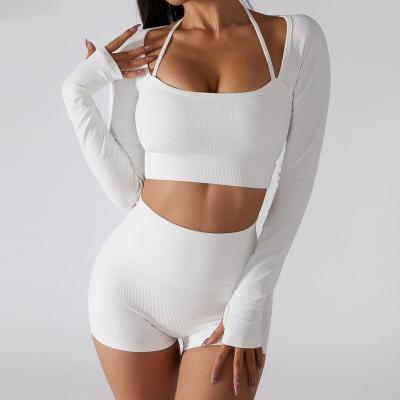 China Breathable 2023 New Seamless Set High Elastic Fitness  Long Sleeves Top Biker Outside Gym Sports Shorts Wholesale Breathable Yoga Set for sale