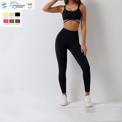 China Logo Womens Two Piece High Waist Tummy Control Yoga Set Breathable Private Label Leggings And Bra Set Fitness Women Clothing for sale