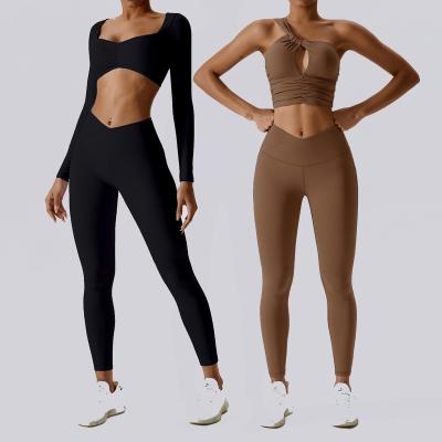 China Wholesale Custom Logo Women Breathable 2 Piece Set Long Sleeve Crop Top Leggings Women Yoga Clothes Gym Activewear Workout Set for sale