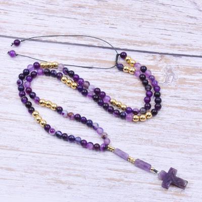 China 6MM Natural Purple Striped Stone Beads Lucky Natural Cross Pendants Necklace Men Fashion Women Men Jewelry Necklace NK105 for sale