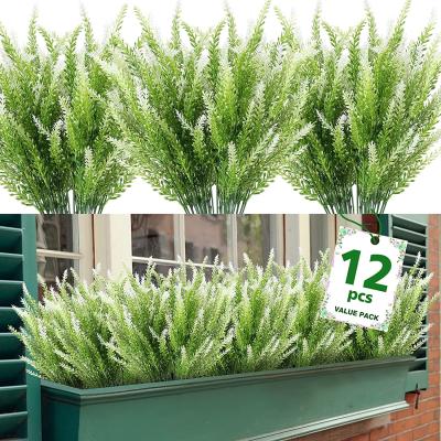 China 12 Packs Realistic Green Artificial Lavender Flowers Greenery For Outdoor UV Resistant Faux Flowers Plastic Plants Window Decor for sale