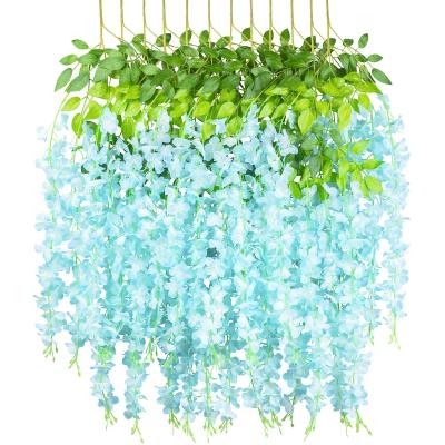 China Eco-friendly Blue Silk Wisteria Flower Vine Hanging Garland for Wedding Outdoor Garden Greenery Home Wall Decor for sale