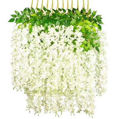 China Eco-Friendly Wisteria Bushy Hanging White Silk Vine Garland Artificial Flower for Outdoor Wedding Garden Greenery Home Wall Decor for sale