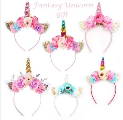 China Brand New Women Child Doesn't Party Unicorn Horn Girls Headwear Birthday Headband Hair Accessories Golden Flower Horn for sale