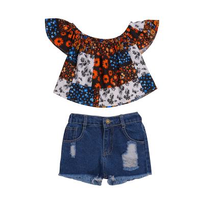 China Soft Nian OEM Madchenkleidung Printed Hole Filled Broken Cowboy Shorts Girls Clothes Sets Ages 2-14 Years for sale