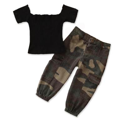 China Nian Menina Summer OEM Roupa Casual Suit Camouflage Word Comfortable One Shoulder Children Clothes for sale