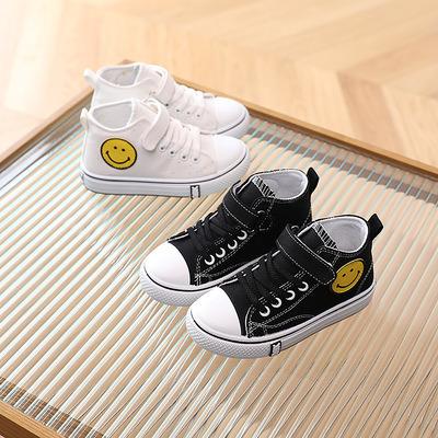 China OEM Nian Schuhe Hook & Loop Black White Light Casual Cartoon Smile Kids Painting Canvas Shoes for sale