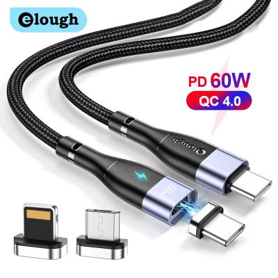 China Elough 60W/20W/18W PD Cable 2m 18W 20W 60W Magnetic Quick Charging 3m c type to type c magnetic 3 in 1 moving charging cable with led for sale