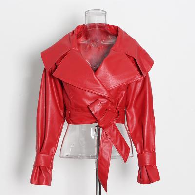 China Anti-Wrinkle YND951072 Elegant Ladies Autumn Winter Red Jacket Ladies NEW Fashion Cropped Faux PU Leather Coat Womens Moto Bomber Leather Coat for sale