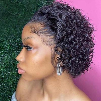 China Remy Hair Transparent Lace Front Wig Kinky Curl Pixie Cut Human Hair Wig Preplucked Hairline for sale