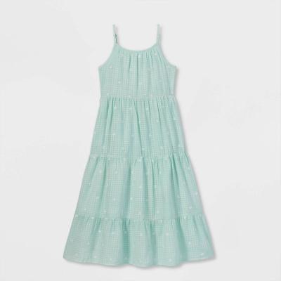 China Girls Clothing Flower Embroidery Cotton Summer Anti-Static Tiered Woven Sleeveless 100% Sleeveless Maxi Dress for sale