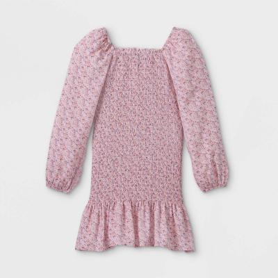 China Kids Summer Casual Clothes Anti-Static Shirt Bodice Pleated Edge Puff Sleeves Girls Shirt Long Sleeve Floral Print Dress for sale