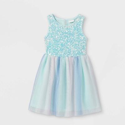 China Anti-Static Girls Clothing Blue Silver Sequins Shimmer Bodice Matching Tulle Mesh Skirt Fashion Summer Party Girls Colorful Dresses for sale