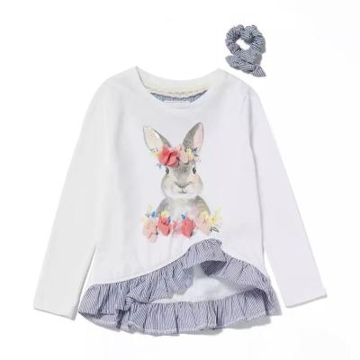 China New Arrival Fashionable Design Summer Breathable Clothes Cute Girls Summer White Bunny Print Asymmetric Hem Top And Headband Set for sale