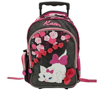 China Wholesale black printing the latest cat glitter factory fasion rose flower school trolley backpack bag for girls for sale