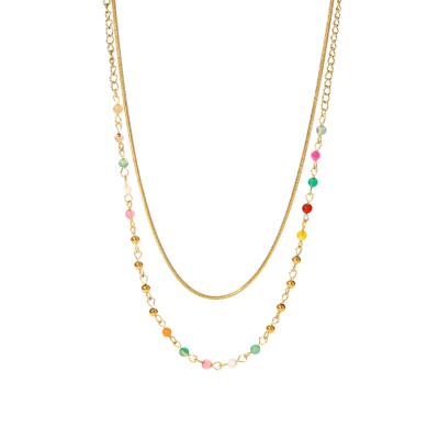 China TRENDY Simple Design 18K Gold Plated Stainless Steel Double Layer Colorful Stones Bead Charm Snake Chain Necklace for sale