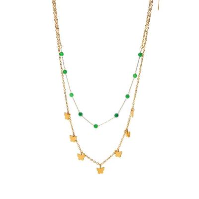 China New FASHIONABLE Design 18K Gold Plated Stainless Steel Double Layer Butterfly Charm Green Bead Chain Necklace For Girls for sale