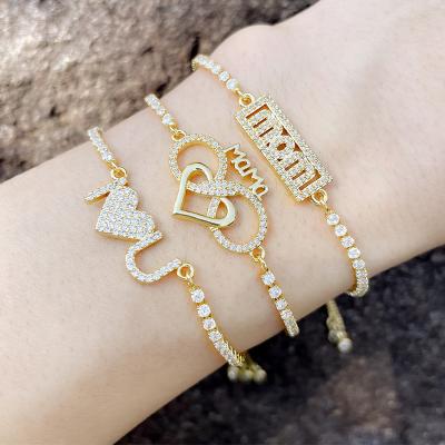 China 2022 New Design FASHIONABLE Classic Gold Plated Zircon Tennis Bracelet With Mom Letter Charms Bracelet For Women Mother Gifts for sale