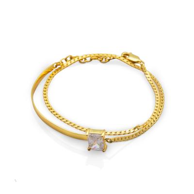 China 2022 FASHIONABLE Minimalist 18k Gold Plated Double Layer Flat Snake Chain Square Diamond Shape Cuban Zircon Bracelet For Girls for sale