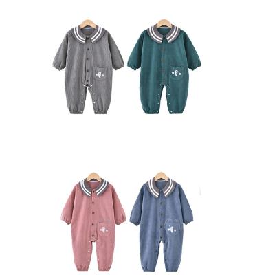 China Bullbury Silk Keep Warm Unisex Baby Peter Pan Collar Blue Cotton Sleeping Wear Custom Color Corduroy Newborn Toddler Boy Ribbed Romper Sets for sale