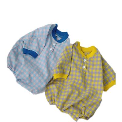 China 100% low MOQ wholesale price check 100%cotton organic cotton blue pattern baby boy shorts kint jumpsuit for sale