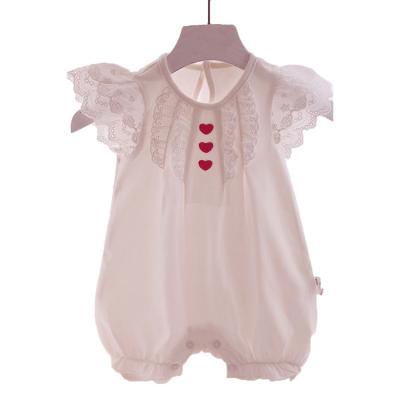 China 2021 New Design 100%Organic White Cotton Baby Girls Red Heart Embroidery Lace Ruffles Soft Summer Romper Clothes for sale