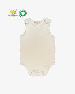 China Product Free Baby's GOTS Sleeveless Organic Cotton Romper With Shoulder Snaps Opening And Lace Up Edge Trims for sale