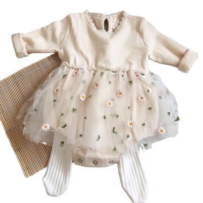 China Wholesale 100% Organic Cotton Factory Waffle Toddler Girls Romper With Tutu Dress Spring Rib Romper Natural Sleepwear Long Fabric for sale