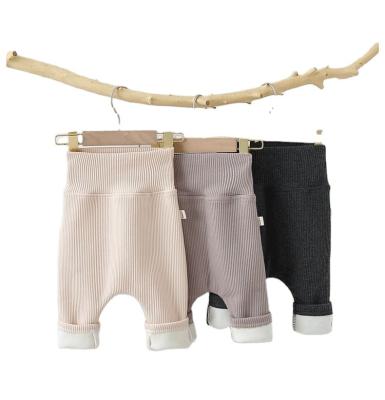 China Breathable boutique GOTS certified knitted Cotton-padded thicken warm high waist unisex boy girls ribbed elastic plain hollow pants for sale