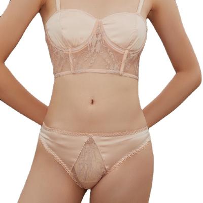 China High quality eco-friendly fashionable SILK satin thin sexy triangle bra and brief sets for women lingerie for sale