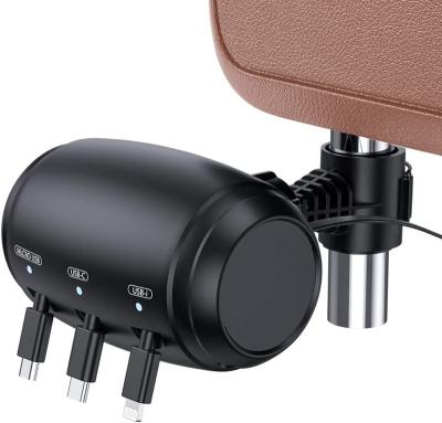 China 360 Degree Rotation Car Cord Retractable Charging Box 3 in 1 Mobile Phone Car Charger Headrest Backseat Quick Charging Phone Charger for sale