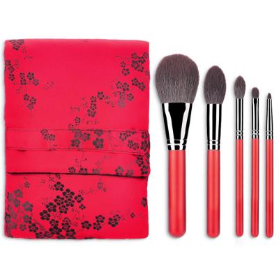 China Angular Blush Custom Logo 5 Piece Travel Brush Set Goat Hair Cosmetic Makeup Brushes With Makeup Bag for sale