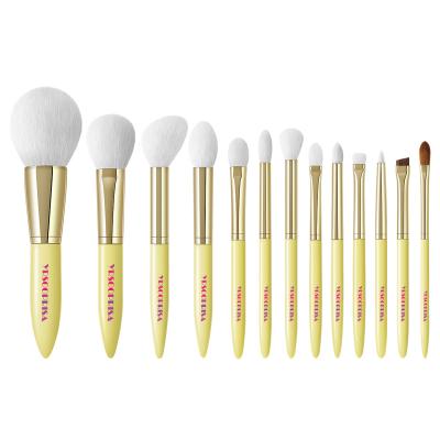 China Angular Blush 13 Piece Large Powder Foundation Makeup Brushes Yellow Luxury Makeup Brush Set for sale