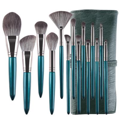 China Angular Blush Professional Luxury Green Beauty Makeup Set Brush Fan 14pcs Blush Powder Eyelashes Tools With Brush Bag for sale